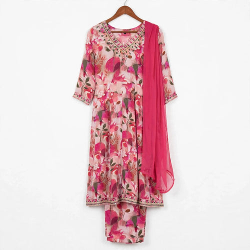 JSR Wo Rayon Floral Print Frock Pant Set with Embroidered Neck & Chiffon Dupatta For Women