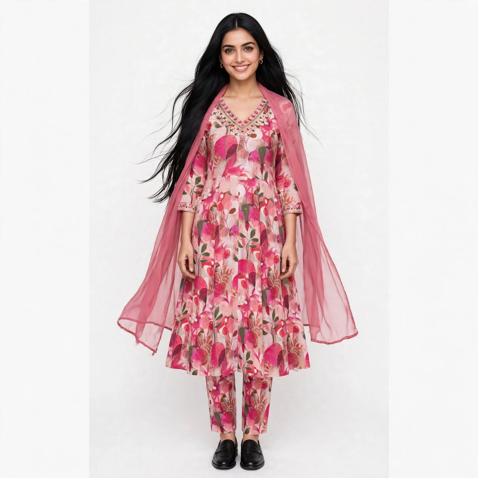 JSR Wo Rayon Floral Print Frock Pant Set with Embroidered Neck & Chiffon Dupatta For Women