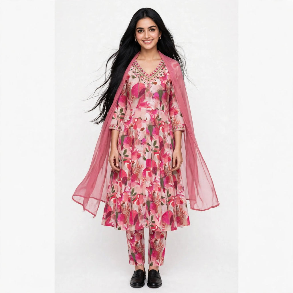 JSR Wo Rayon Floral Print Frock Pant Set with Embroidered Neck & Chiffon Dupatta For Women