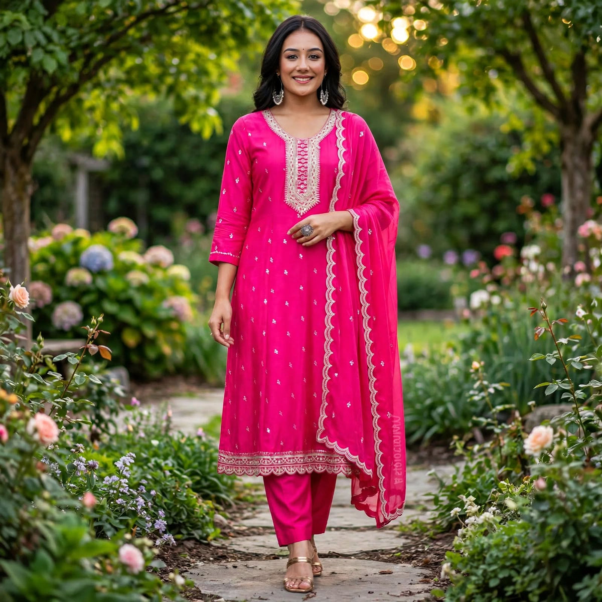 JSR Wo Vartican Frock Pant Set with Chinnon Dupatta & Zari Work For Women