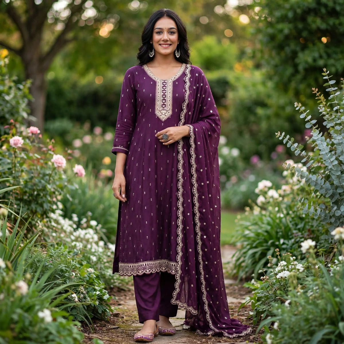 JSR Wo Vartican Frock Pant Set with Chinnon Dupatta & Zari Work For Women