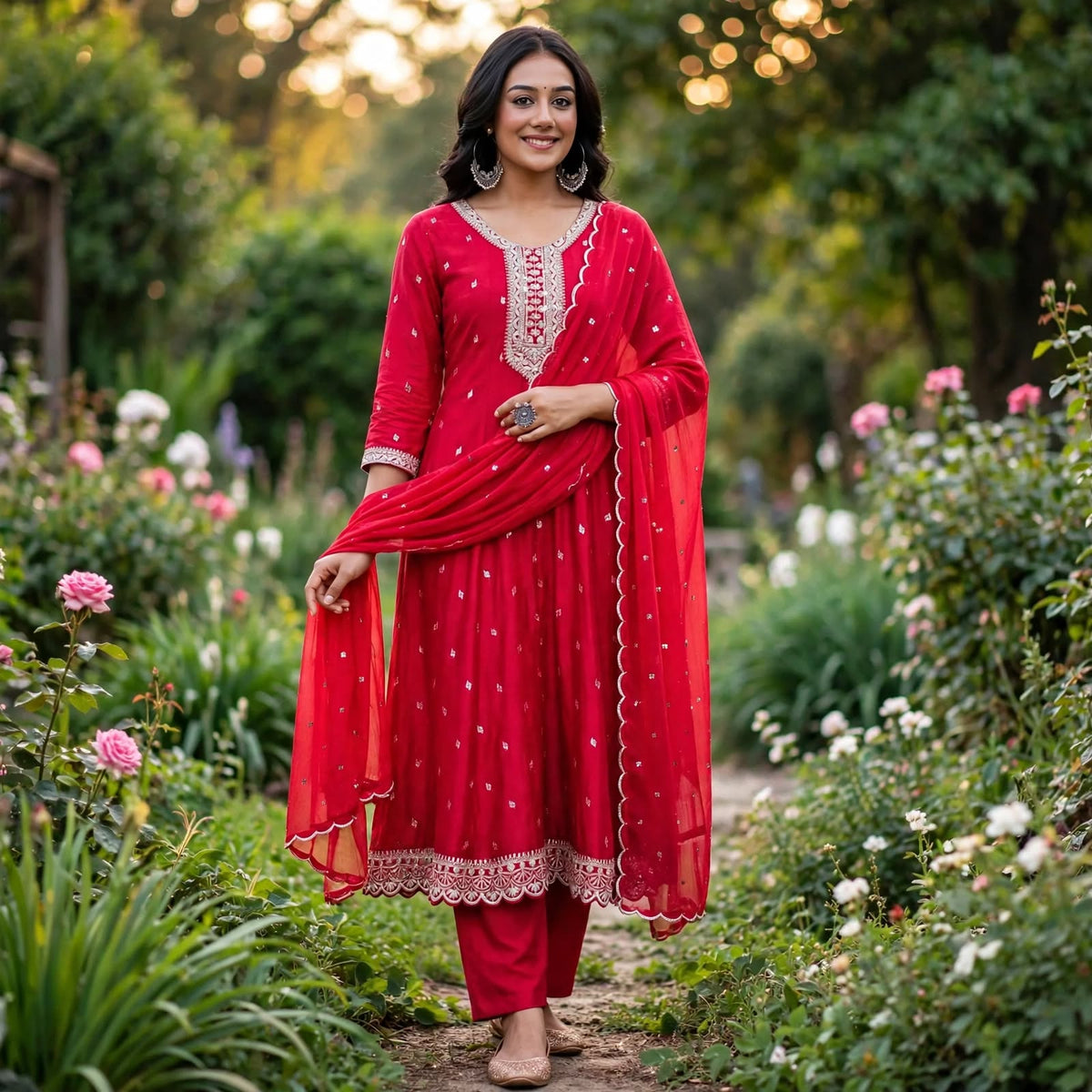 JSR Wo Vartican Frock Pant Set with Chinnon Dupatta & Zari Work For Women