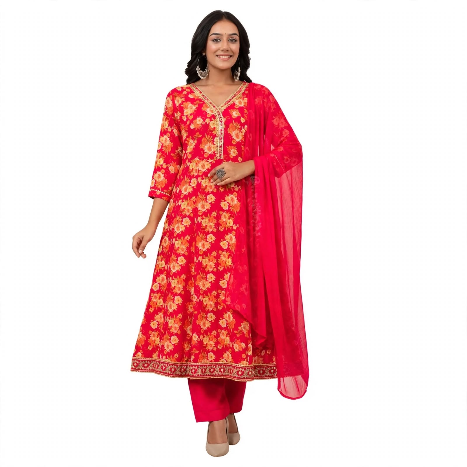 JSR Wo Milano Frock Pant Set with Chiffon Dupatta & Hand Work For Women
