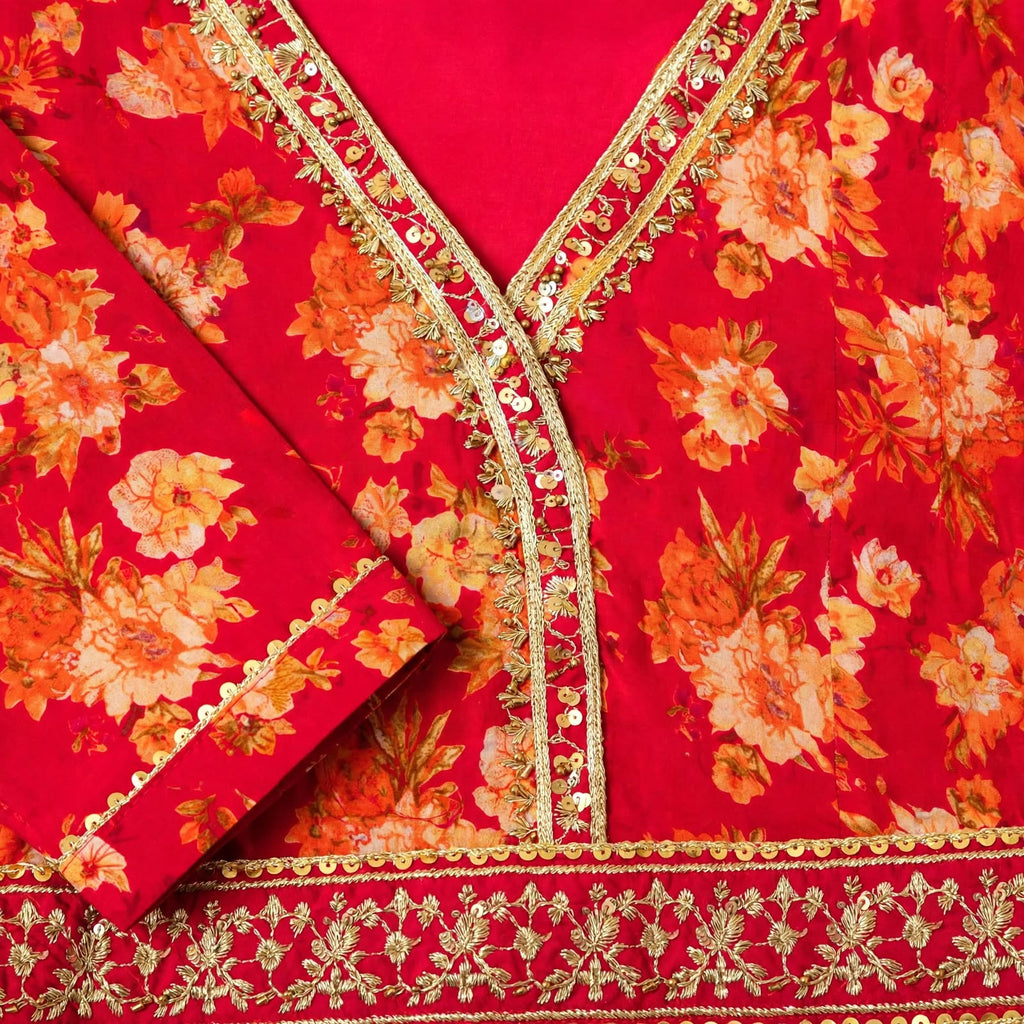 JSR Wo Milano Frock Pant Set with Chiffon Dupatta & Hand Work For Women