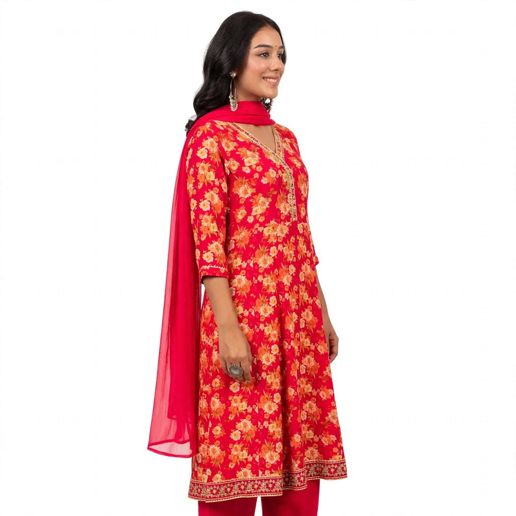 JSR Wo Milano Frock Pant Set with Chiffon Dupatta & Hand Work For Women