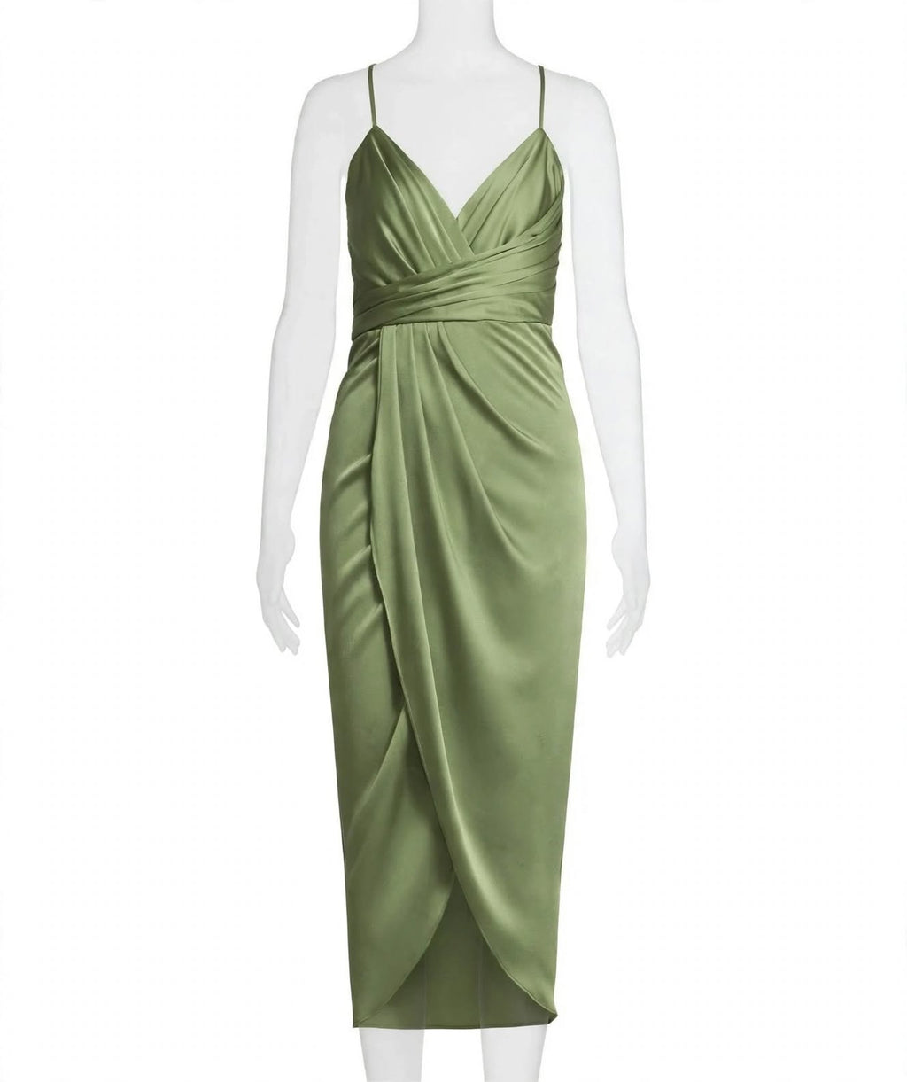 An olive green satin midi dress with spaghetti straps and a draped wrap-style skirt, displayed on a white mannequin against a plain white background.