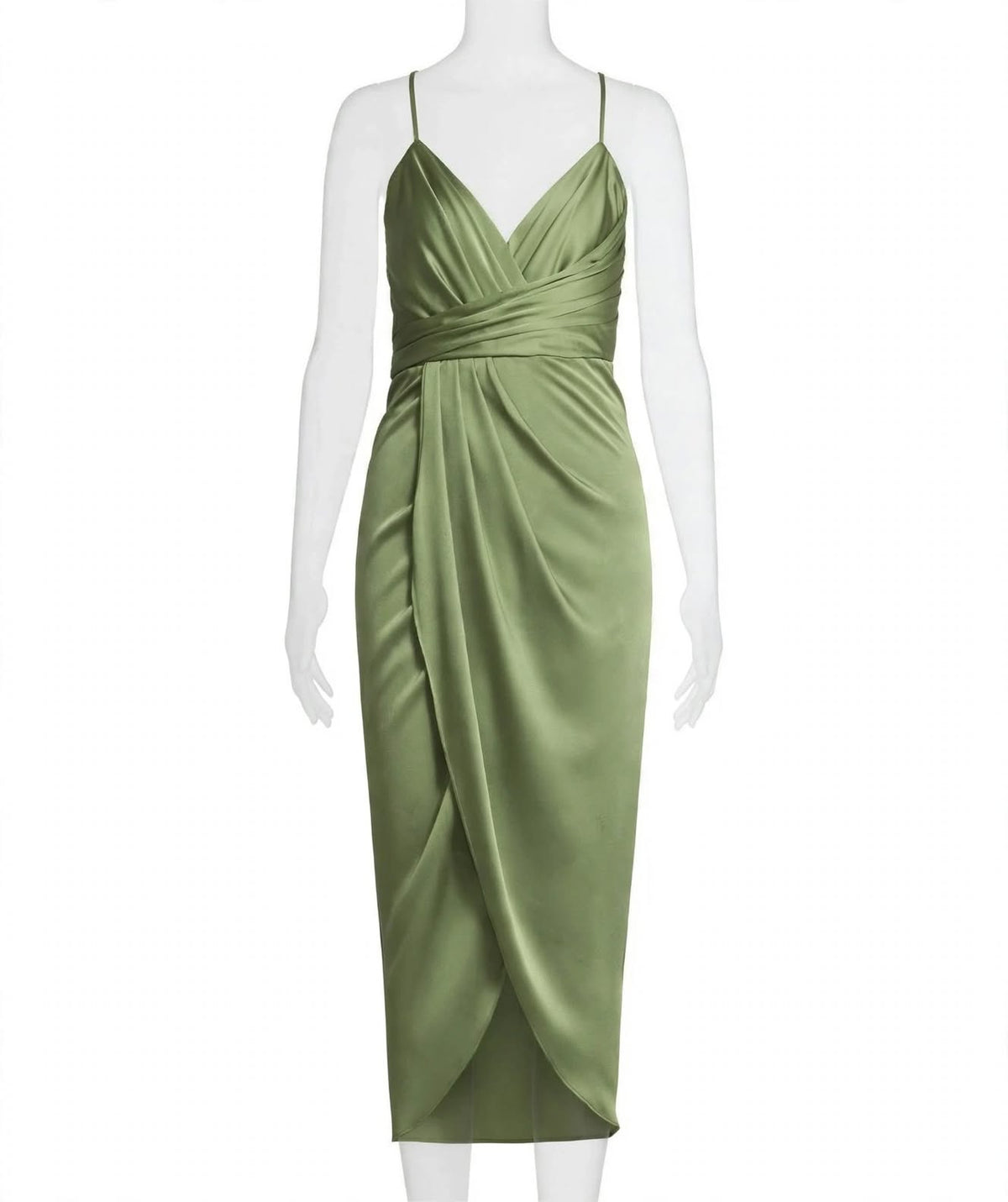 An olive green satin midi dress with spaghetti straps and a draped wrap-style skirt, displayed on a white mannequin against a plain white background.