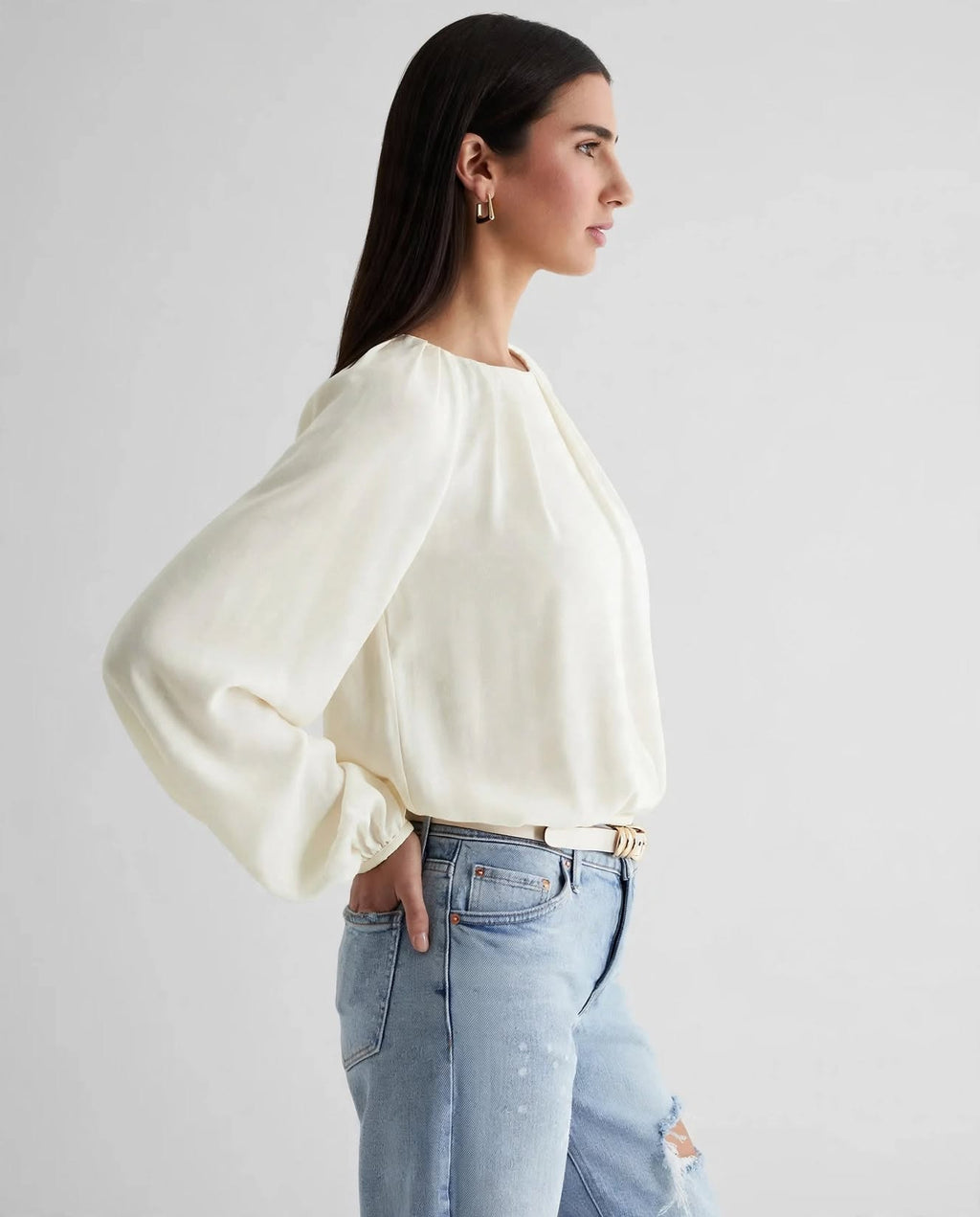 Wo Polyester Blouse | Gathered Neck Balloon Sleeve Top For Women