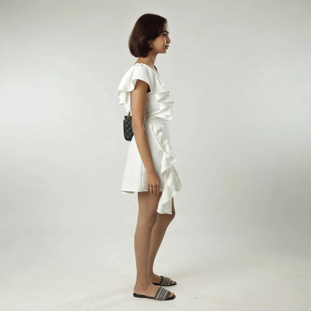 Wo One Shoulder Ruffle Dress | Belted Knee Length Party Wear Dress For Women