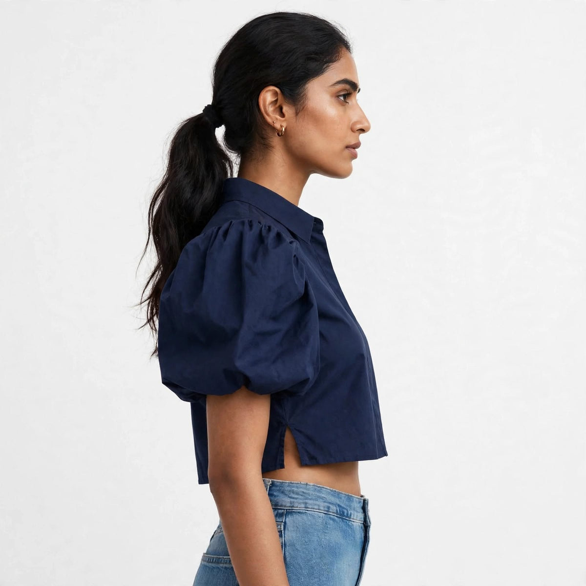 Wo Cotton Lycra Crop Top | Puff Sleeve Collar Neck Crop Shirt For Women