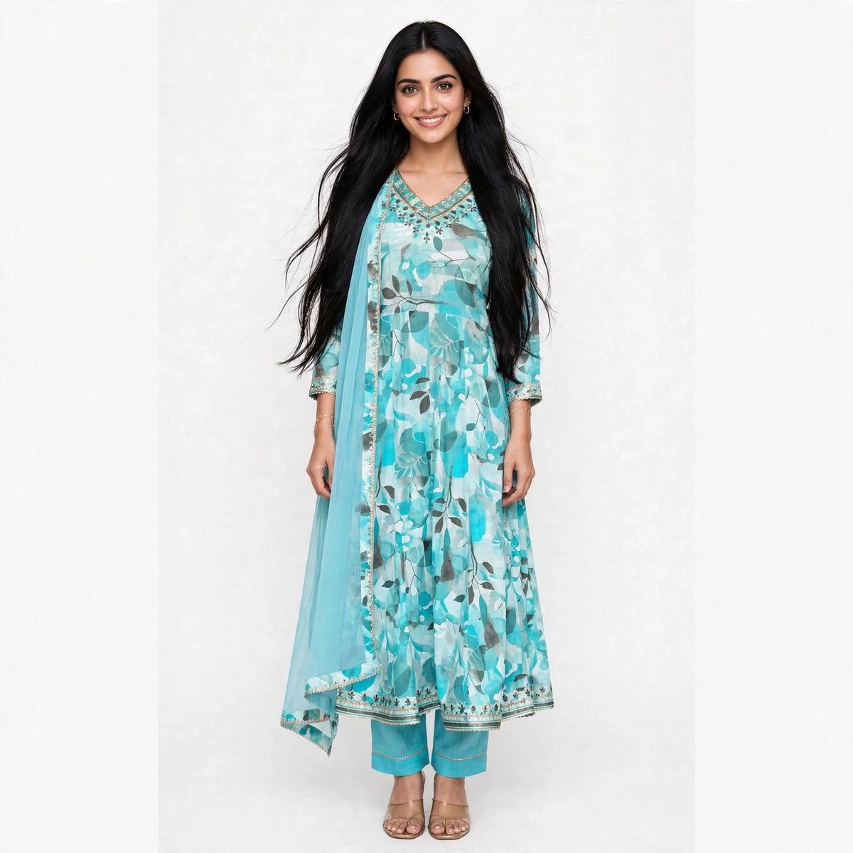 JSR Wo Rayon Floral Print Frock Pant Set with Embroidered Neck & Chiffon Dupatta For Women