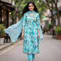 JSR Wo Rayon Floral Print Frock Pant Set with Embroidered Neck & Chiffon Dupatta For Women