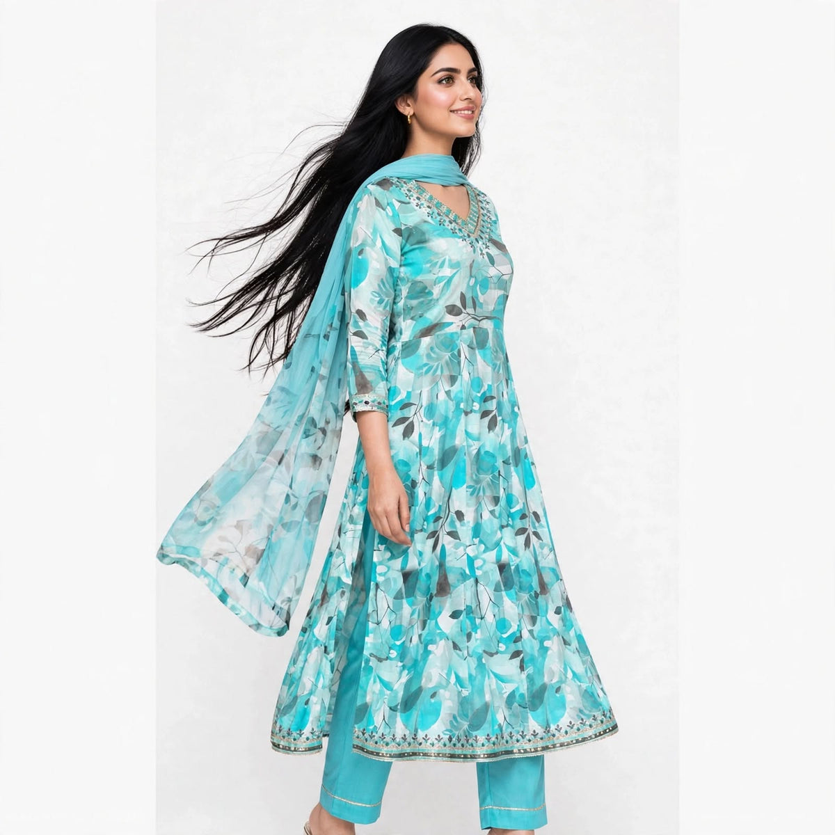 JSR Wo Rayon Floral Print Frock Pant Set with Embroidered Neck & Chiffon Dupatta For Women