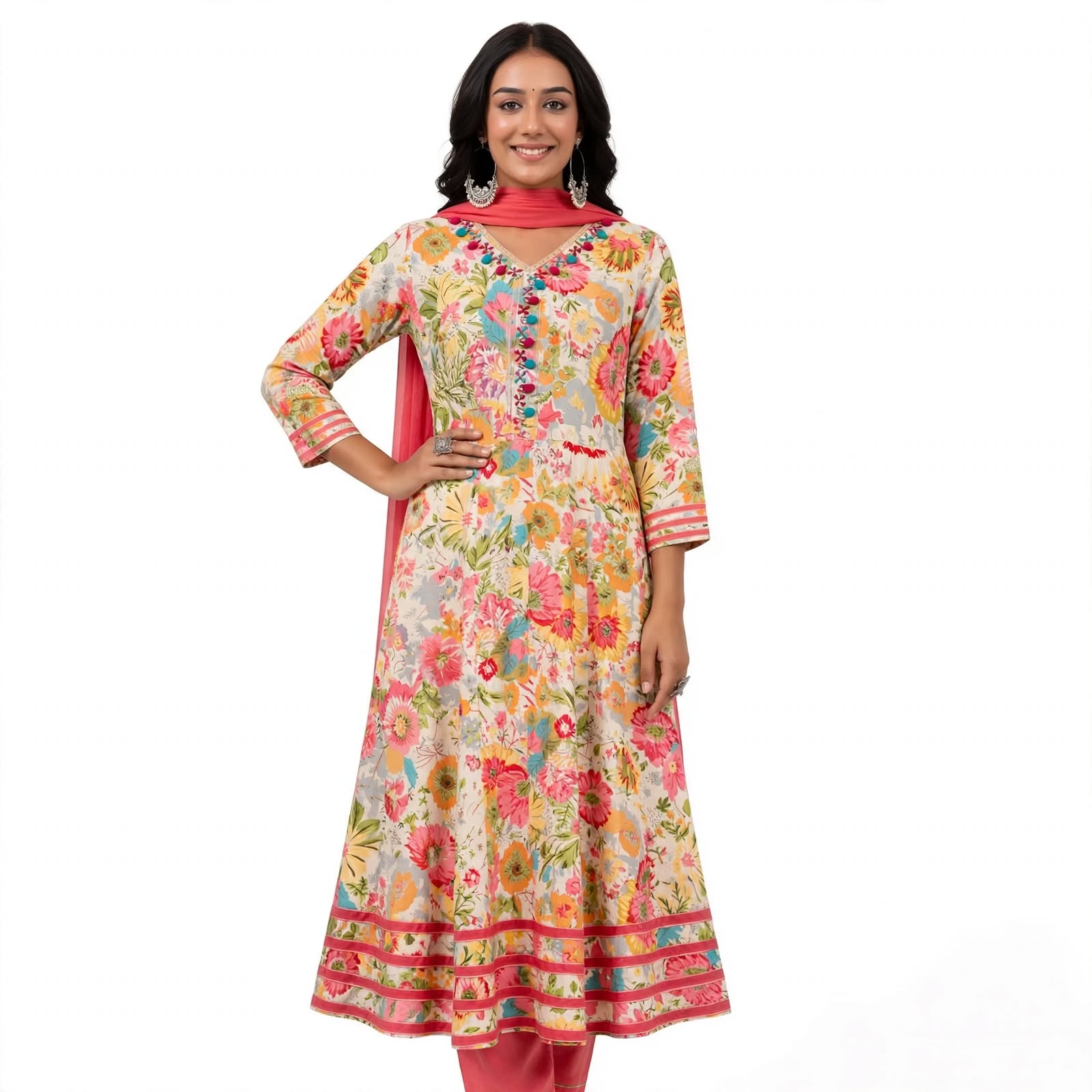 JSR Wo Rayon Angrakha Frock Pant Set with Dupatta & Hand Work For Women