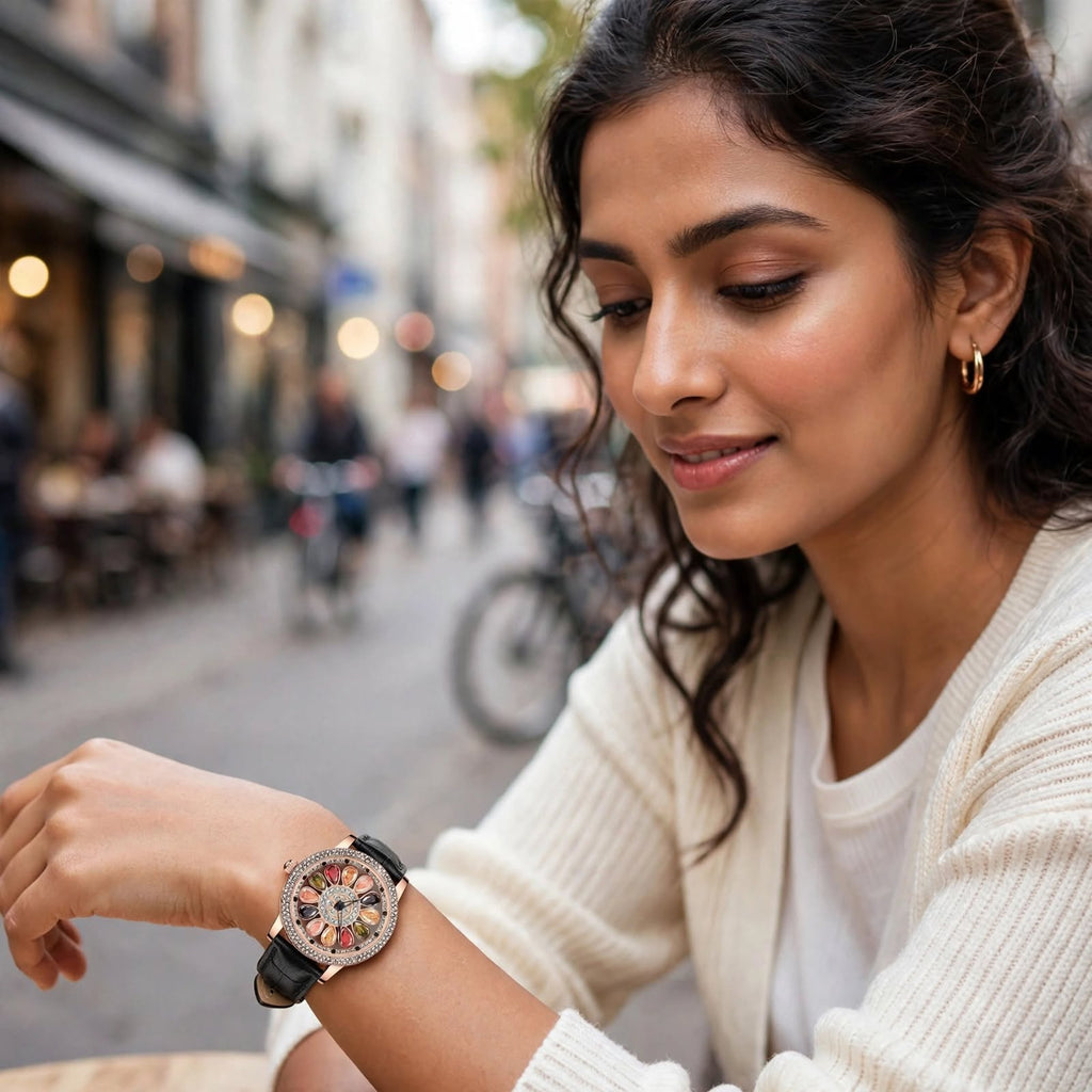Ladies Stone Studded Floral Analog Watch | Designer Dial with Strap For Women