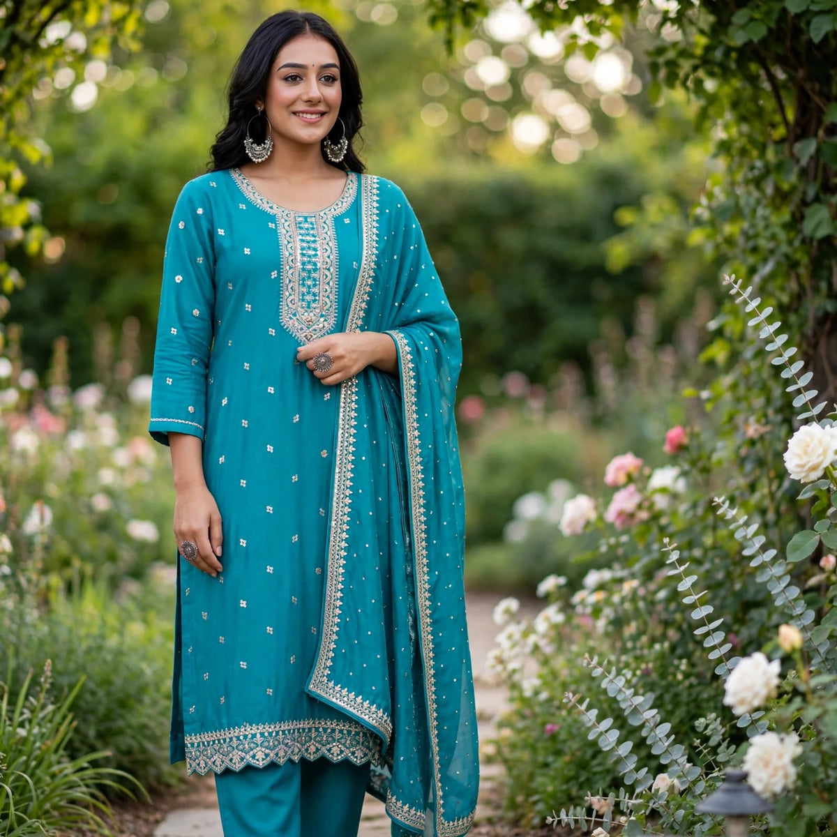 JSR Wo Vartican Frock Pant Set with Chinnon Dupatta & Zari Work For Women