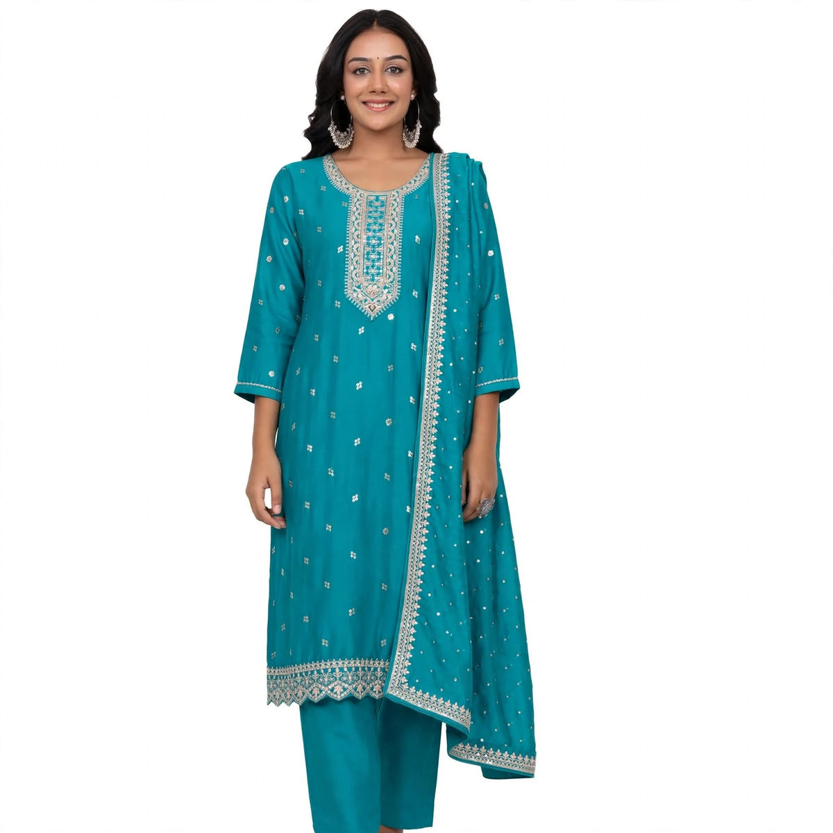 JSR Wo Vartican Frock Pant Set with Chinnon Dupatta & Zari Work For Women