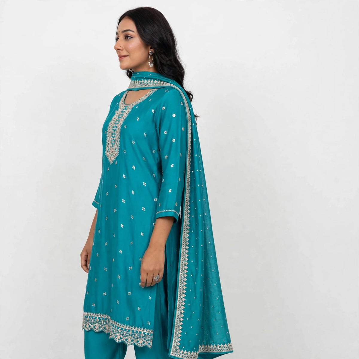 JSR Wo Vartican Frock Pant Set with Chinnon Dupatta & Zari Work For Women