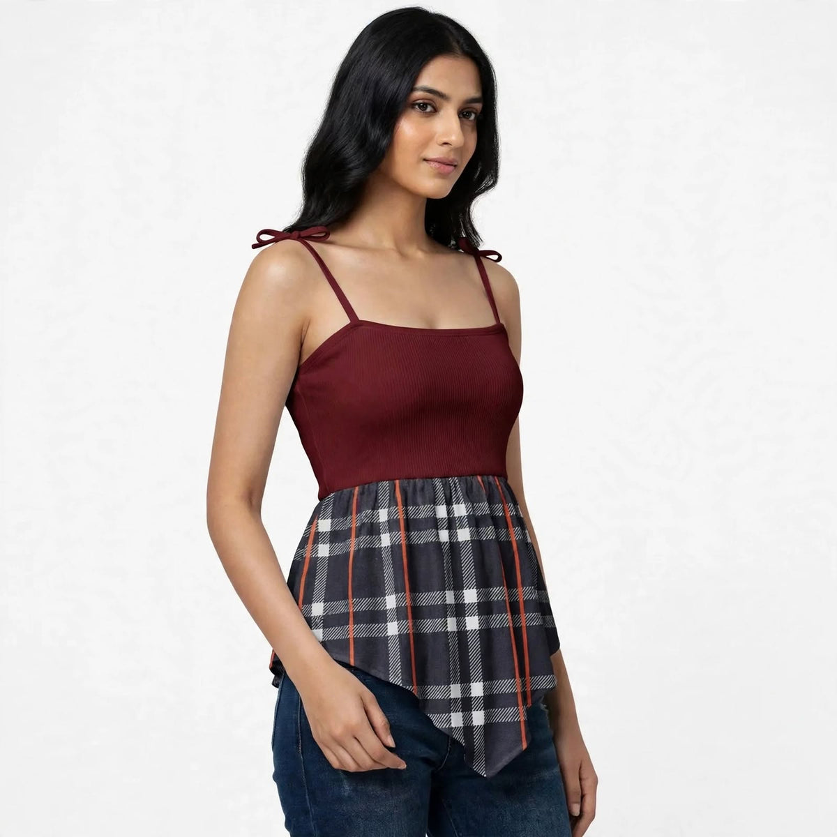Wo Ribbed Peplum Top | Square Neck Sleeveless Lycra Blend Top For Women