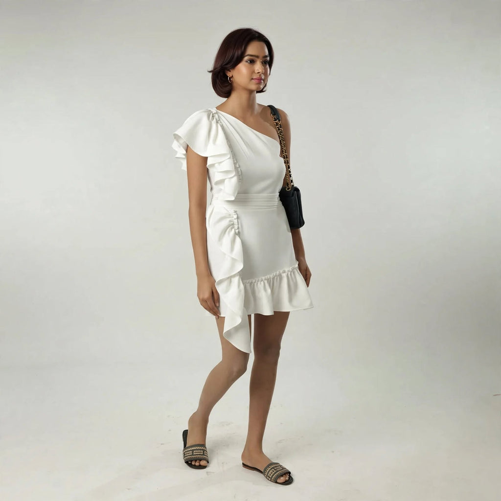 Wo One Shoulder Ruffle Dress | Belted Knee Length Party Wear Dress For Women