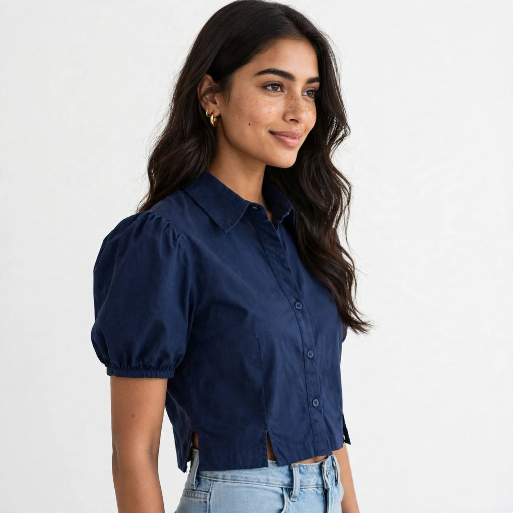 Wo Cotton Lycra Crop Top | Puff Sleeve Collar Neck Crop Shirt For Women