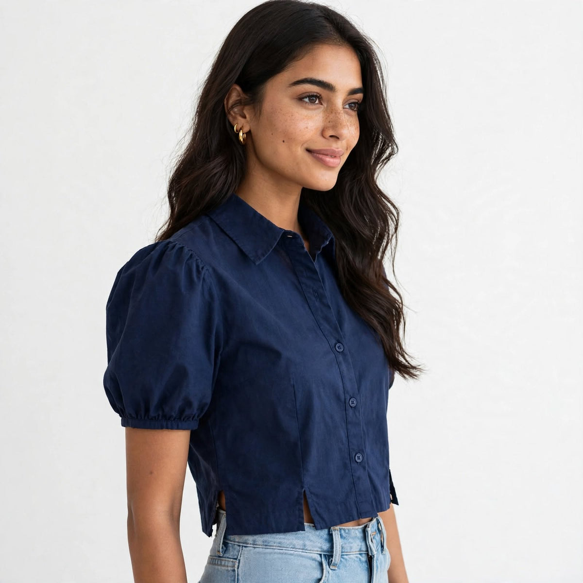 Wo Cotton Lycra Crop Top | Puff Sleeve Collar Neck Crop Shirt For Women