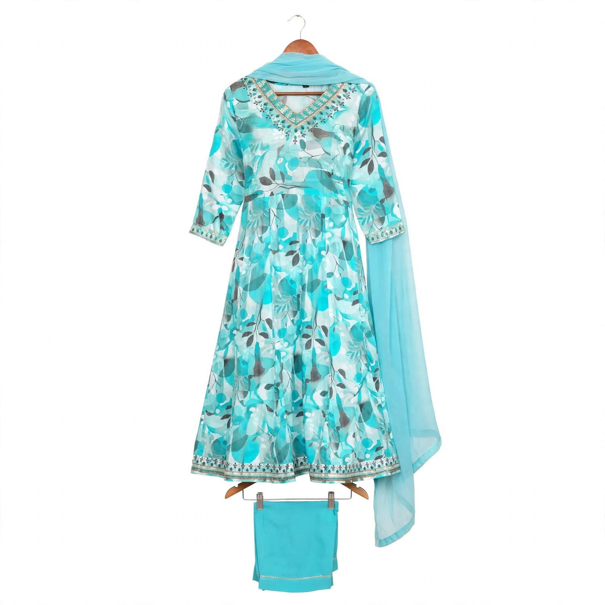 JSR Wo Rayon Floral Print Frock Pant Set with Embroidered Neck & Chiffon Dupatta For Women