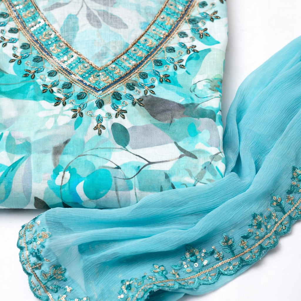 JSR Wo Rayon Floral Print Frock Pant Set with Embroidered Neck & Chiffon Dupatta For Women