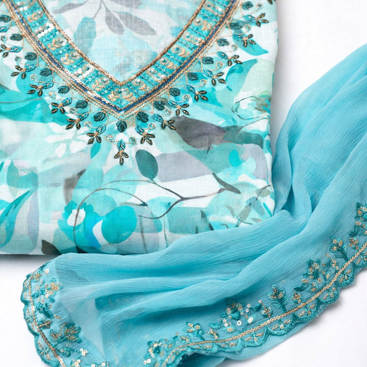 JSR Wo Rayon Floral Print Frock Pant Set with Embroidered Neck & Chiffon Dupatta For Women