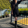 Black Wrap Dress for Women - Georgette Party Wear Fit and Flare Mini Dress with Smocking Puff Sleeves - V Neckline