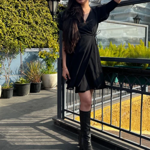 Black Wrap Dress for Women - Georgette Party Wear Fit and Flare Mini Dress with Smocking Puff Sleeves - V Neckline