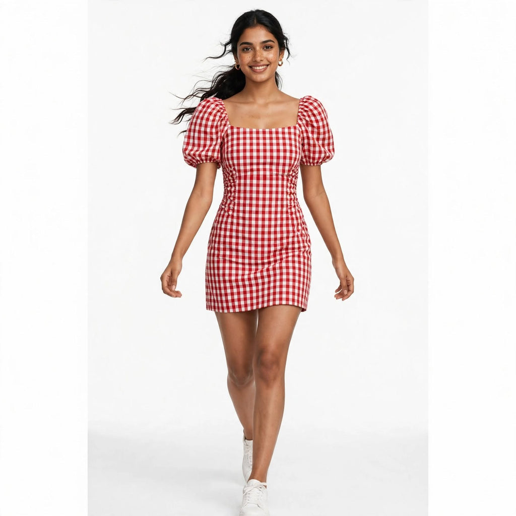 Wo Cotton Puff Sleeve Mini Dress | Square Neck Bodycon Party Dress For Women