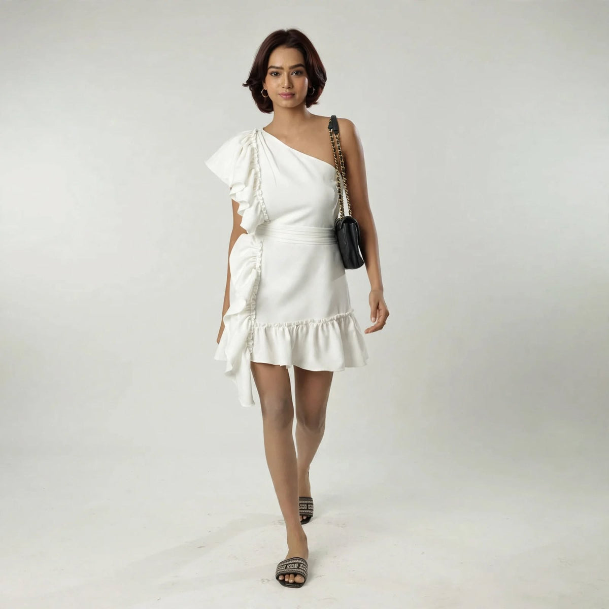 Wo One Shoulder Ruffle Dress | Belted Knee Length Party Wear Dress For Women