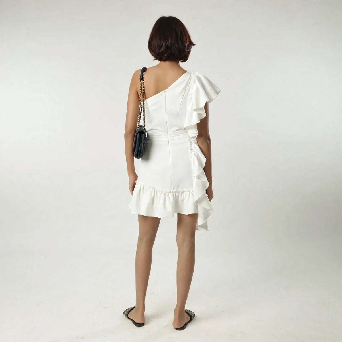 Wo One Shoulder Ruffle Dress | Belted Knee Length Party Wear Dress For Women