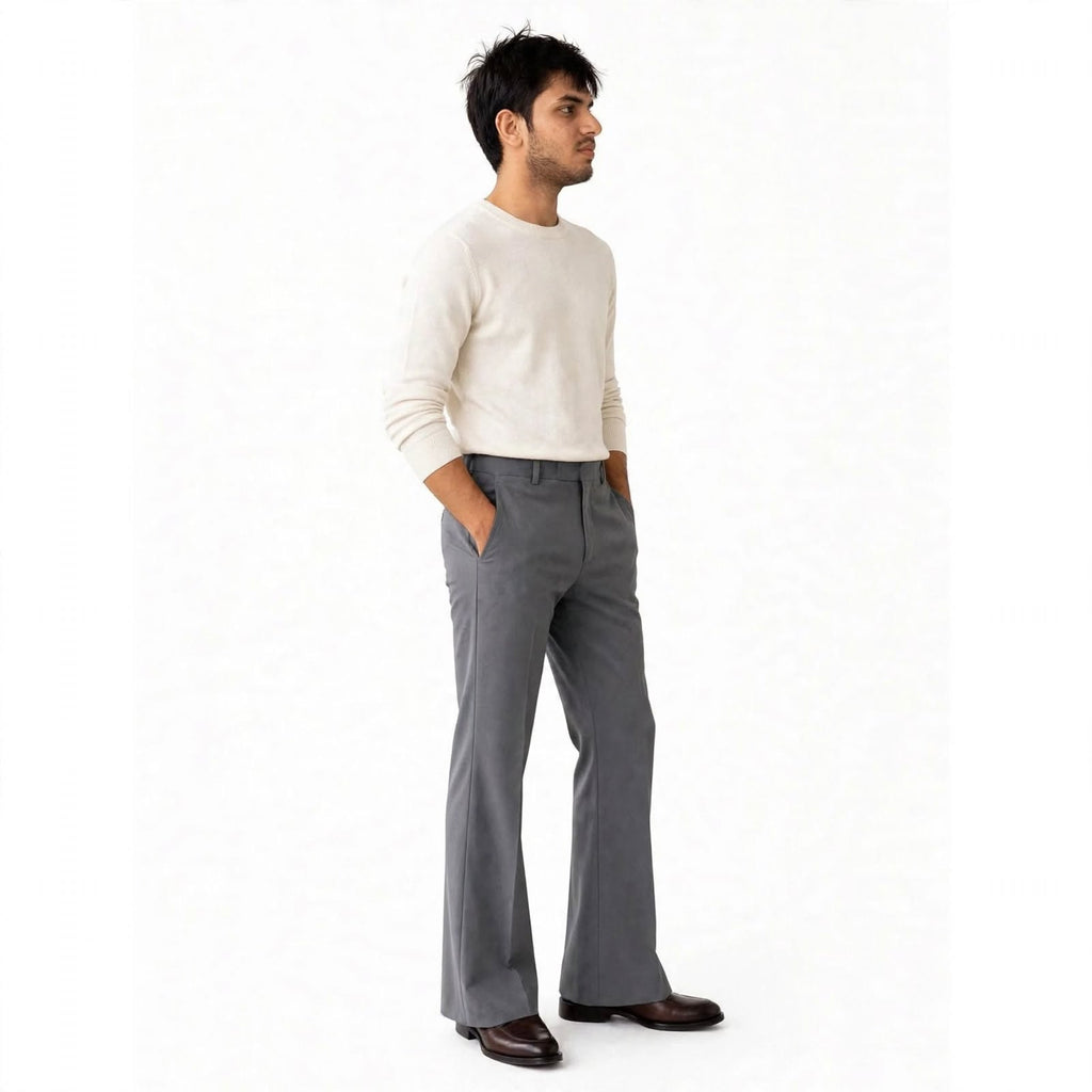 Flared Tailored Formal Trouser – Cotton Blend Regular Fit Mid Rise For Men